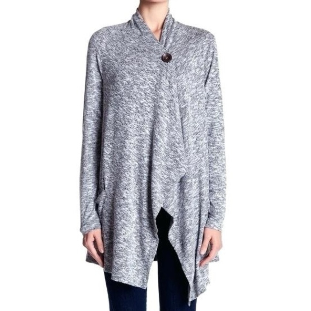 Bobeau Single Button Asymmetrical Open Front Drapey Wrap Sweater size L Grey